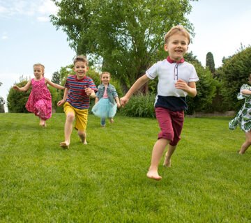 Funny starts kids fashion concept group teen boys girls running park 360x320